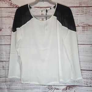 Three Eighty Two Colorblock Sheer Shoulder Blouse Cream Black Medium NEW